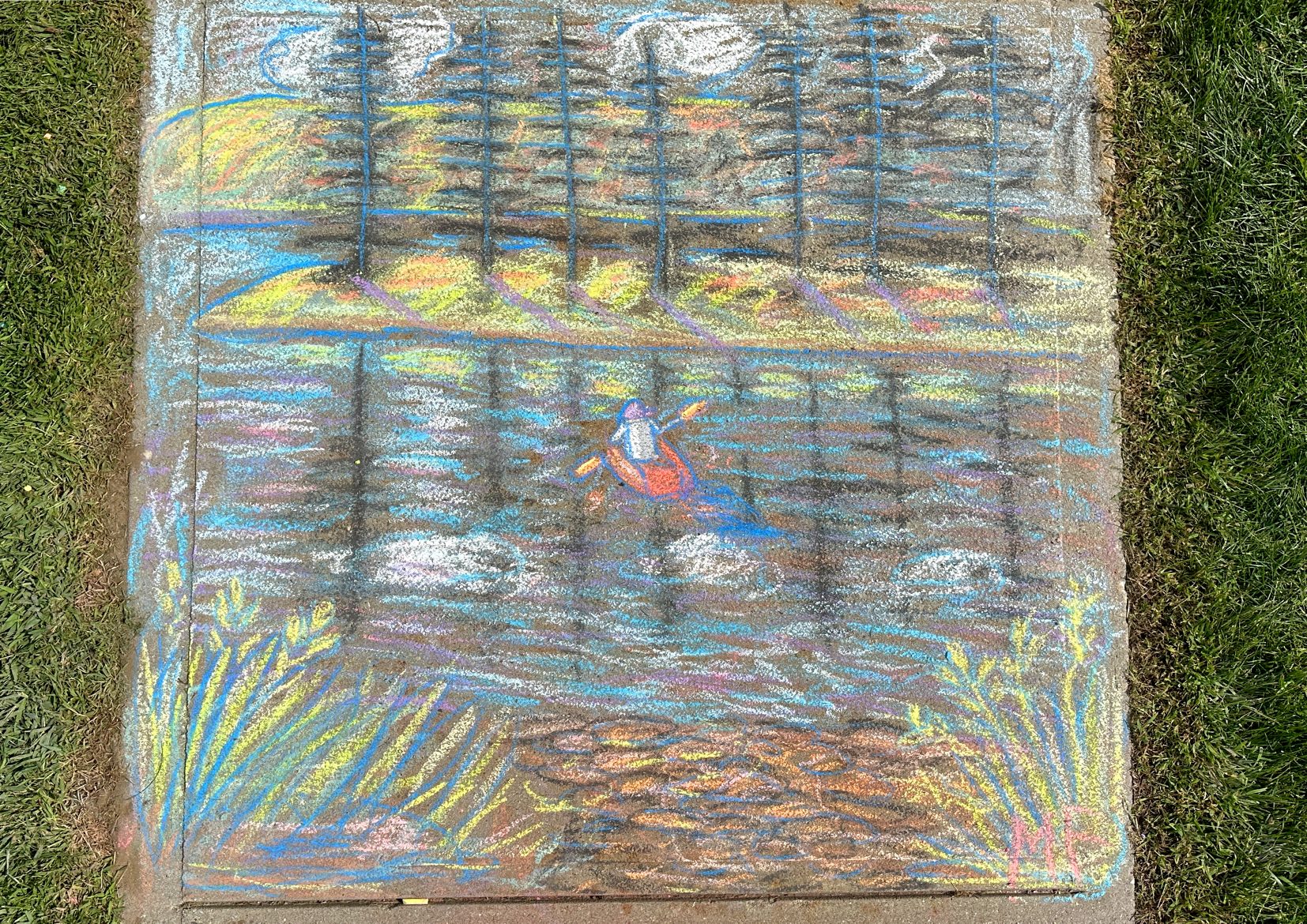 Adult category winning artwork: a lakeside scene with a canoe among tall trees